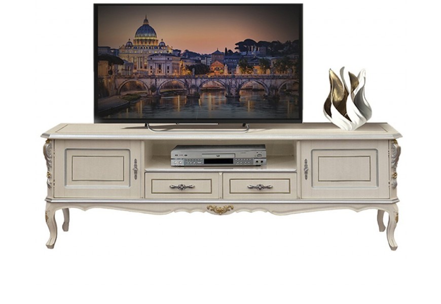 Luxusní dřevěný televizní stolek v ořechově hnědé barvě v klasickém stylu s bohatým barokním dekorem a úložným prostorem na nohá