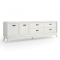 Luxusní art deco masivní televizní stolek Rodas v bílé barvě s úložným prostorem ve dvou jednodveřových skříňkách a čtyř zásuvkách s kovovými úchyty na šikmých nožičkách