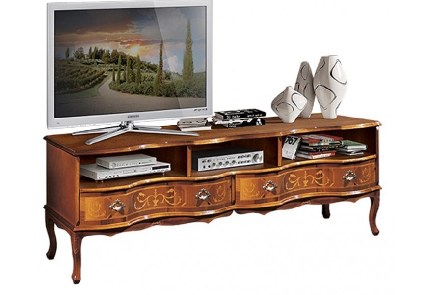 Luxusní rustikální TV stolek Clasica s poličkami a šuplíky s vyřezávanými florálními ornamenty 169cm
