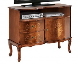 Luxusní rustikální masivní TV stolek Clasica s poličkou, dvířky a šuplíky s vyřezávaným zdobením 87cm