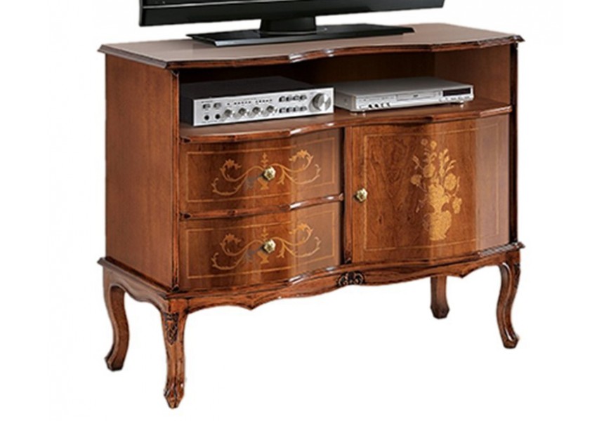 Exkluzivní masivní TV stolek Clásica hnědé barvy s ozdobnou intarzií a vyřezávanými prvky v rustikálním stylu