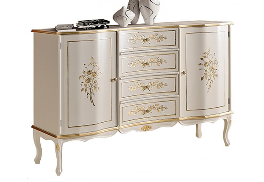 Luxusní rustikální příborník Clásica z masivního dřeva se čtyřmi zásuvkami a dvěma skříňkami s vyřezávaným a rytým dekorem