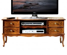 Masivní luxusní klasický TV stolek Clasica se čtyřmi šuplíky a dvěma poličkami s rustikálním zdobením 123cm