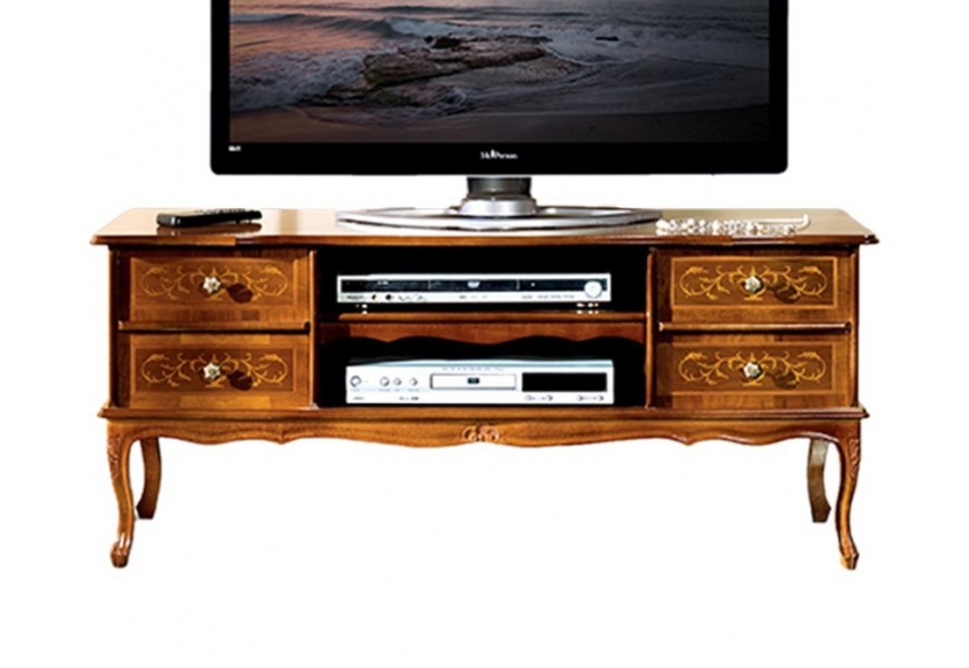Rustikální dřevěný TV stolek Clásica z masivu s ornamentálním zdobením se čtyřmi šuplíky a dvěma poličkami