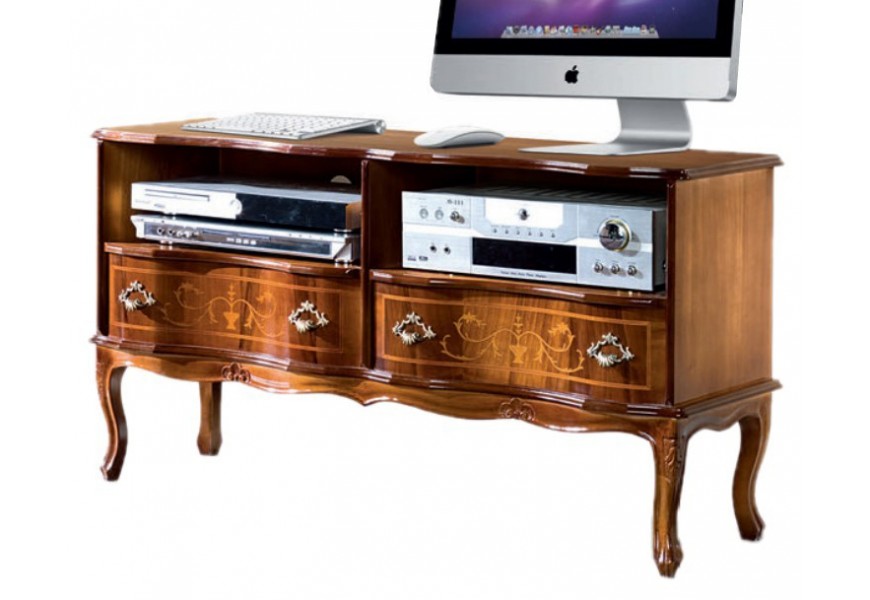 Luxusní klasický masivní TV stolek Clásica v rustikálním stylu se dvěma poličkami a dvěma šuplíky