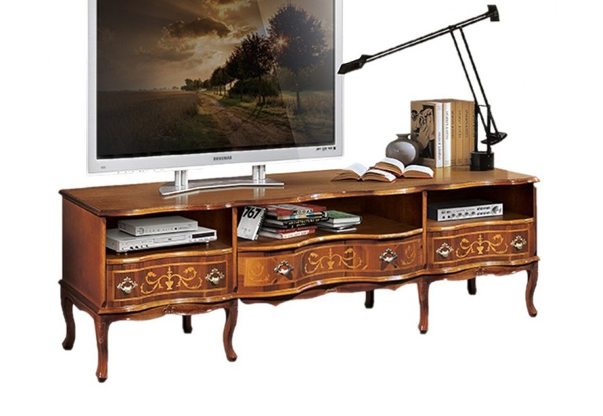 Luxusní masivní rustikální TV stolek Clásice hnědé barvy se třemi šuplíky a poličkami