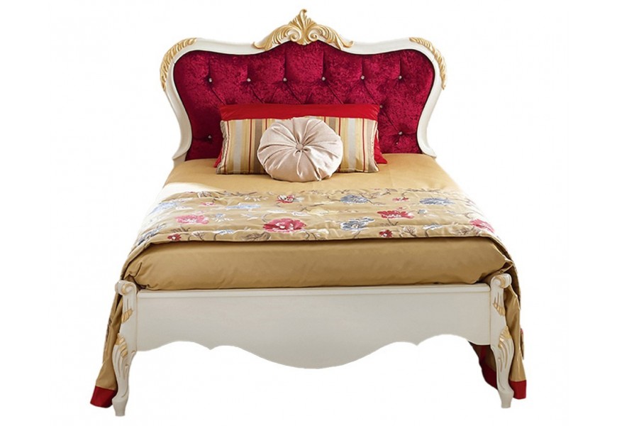 Exkluzivní čalouněná postel Pasiones z masivu bílé barvy s červeným potahem s chesterfield prošíváním a rustikálním zdobením
