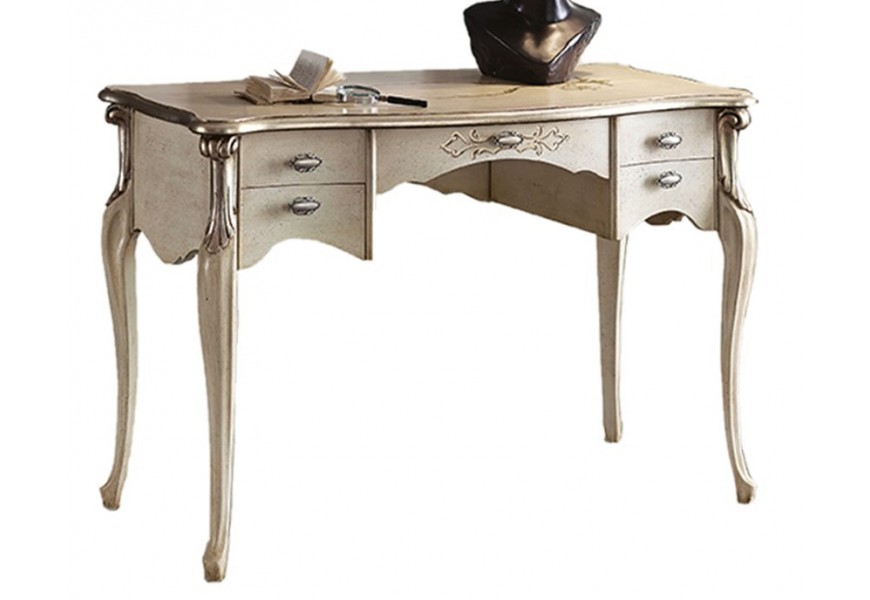 Luxusní masivní kancelářský stolek Pasiones v krémové barvě s pěti šuplíky a rustikálním zdobením