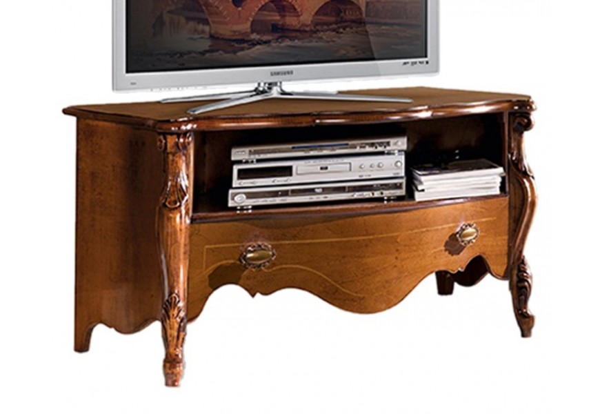 Exkluzivní dřevěný TV stolek Pasiones z masivu hnědé barvy s poličkou a šuplíkem as vyřezávaným rustikálním zdobením