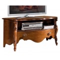 Exkluzivní dřevěný TV stolek Pasiones z masivu hnědé barvy s poličkou a šuplíkem as vyřezávaným rustikálním zdobením