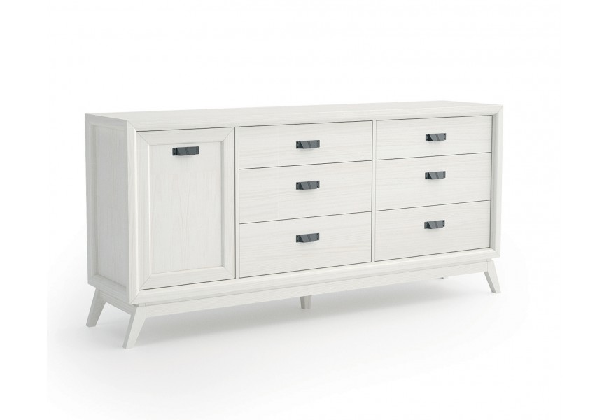 Luxusní art deco masivní příborník Rodas v bílé barvě s jednodvéřovou skříňkou a šesti šuplíky se šikmýma nohama a kovovými úchytkami