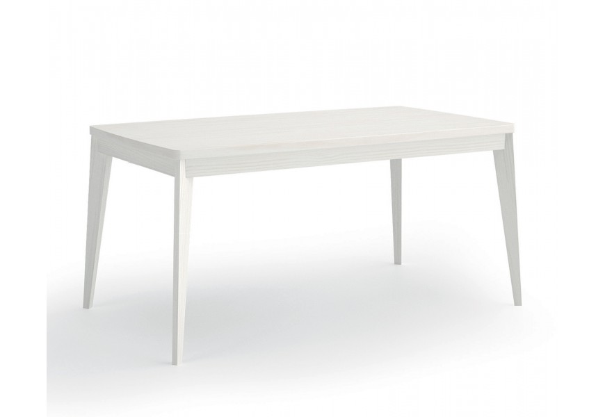 Luxusní art deco masivní bílý jídelní stůl s obdélníkovou rozkládací vrchní deskou a čtyřmi šikmými nohami s diagonálním směřováním