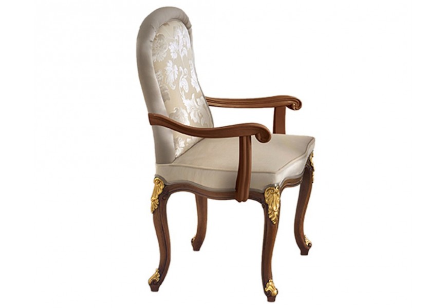 Klasická jídelní židle Pasiones s opěrkami z hnědého masivu v sametovém polstrování krémové barvy