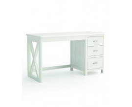 Luxusn&iacute; modern&iacute; masivn&iacute; b&iacute;l&yacute; psac&iacute; stůl Cerdena s obd&eacute;ln&iacute;kovou roztahovac&iacute; deskou a třemi z&aacute;suvkami na jedn&eacute; straně a nohou ve tvaru X v dřevěn&eacute;m r&aacute;mu na druh&eacute; straně