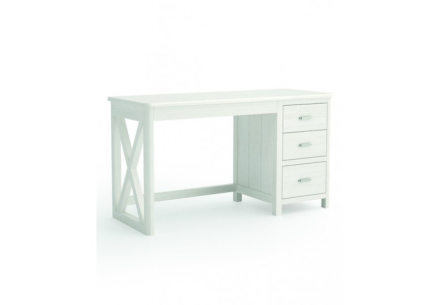 Luxusní moderní masivní bílý psací stůl Cerdena s obdélníkovou roztahovací deskou a třemi zásuvkami na jedné straně a nohou ve tvaru X v dřevěném rámu na druhé straně