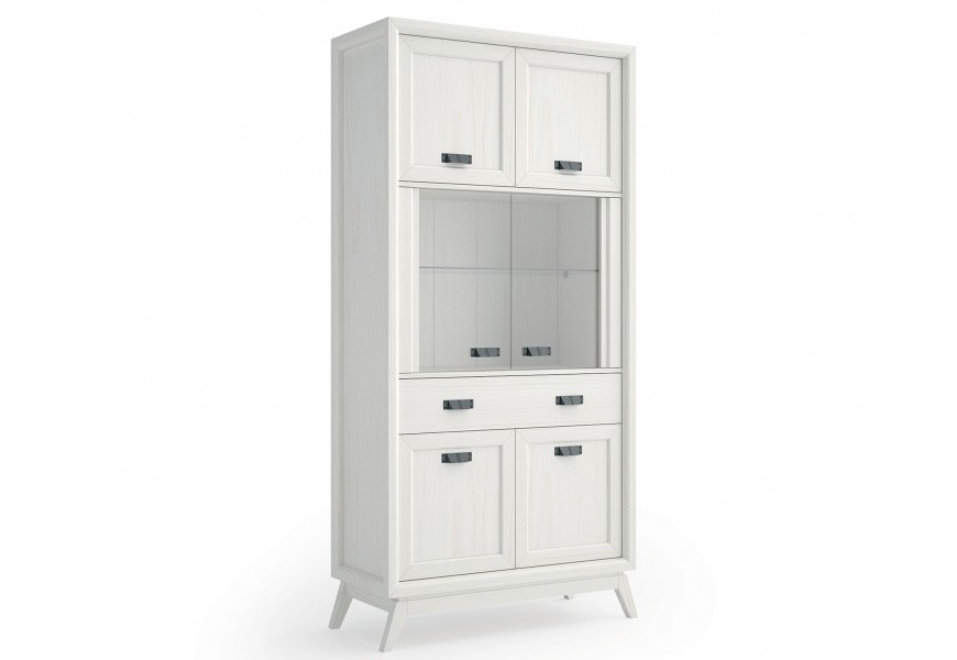 Luxusní art deco bílá vysoká šestidveřová vitrína Rodas se zásuvkou a dvěma dvojitými plnými dřevěnými dvířky nahoru a dolů s dvojitými prosklenými dvířky uprostřed a se šikmými nožičkami z masivního dřeva