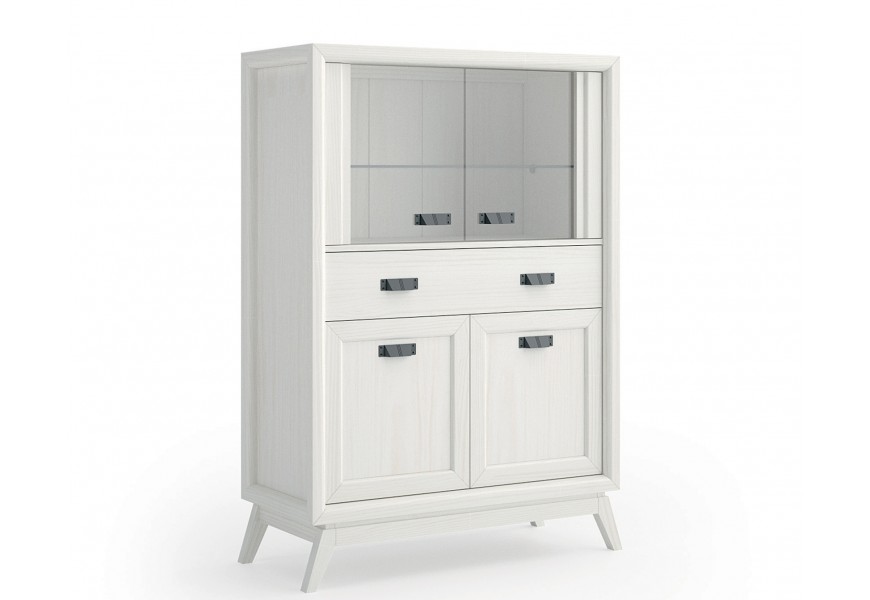 Luxusní art deco čtyřdveřová vitrína Rodas z masivního dřeva v bílé barvě se zásuvkou a prosklenými vrchními dvířky se zešikmenými nožičkami