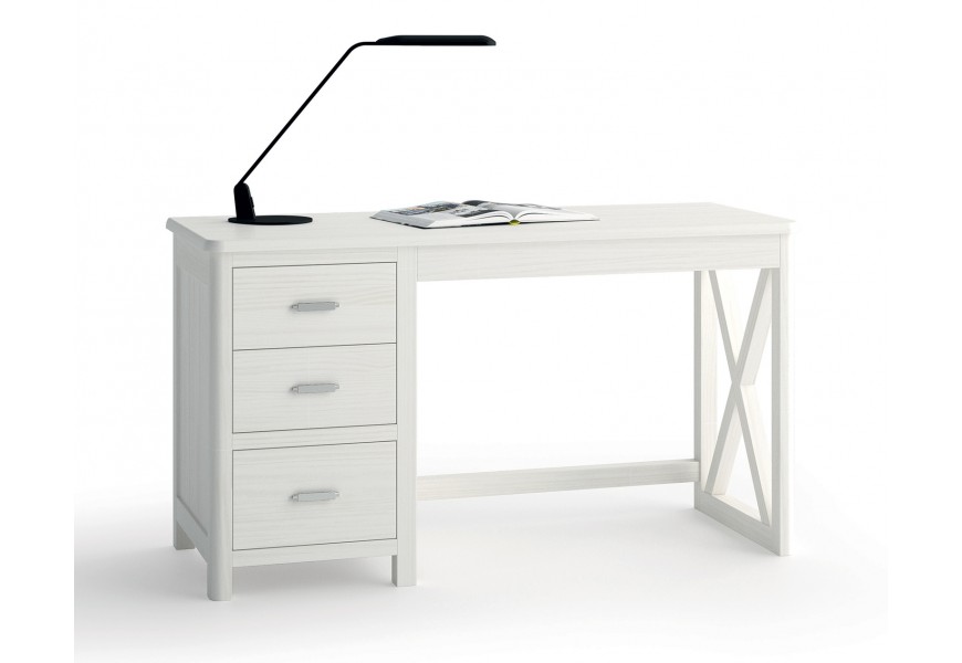 Luxusní masivní bílý psací stůl Cerdena s rozkládací obdélníkovou deskou a úložným prostorem se třemi zásuvkami s jednou obdélníkovou rámovou nohou s výztuhou ve tvaru X