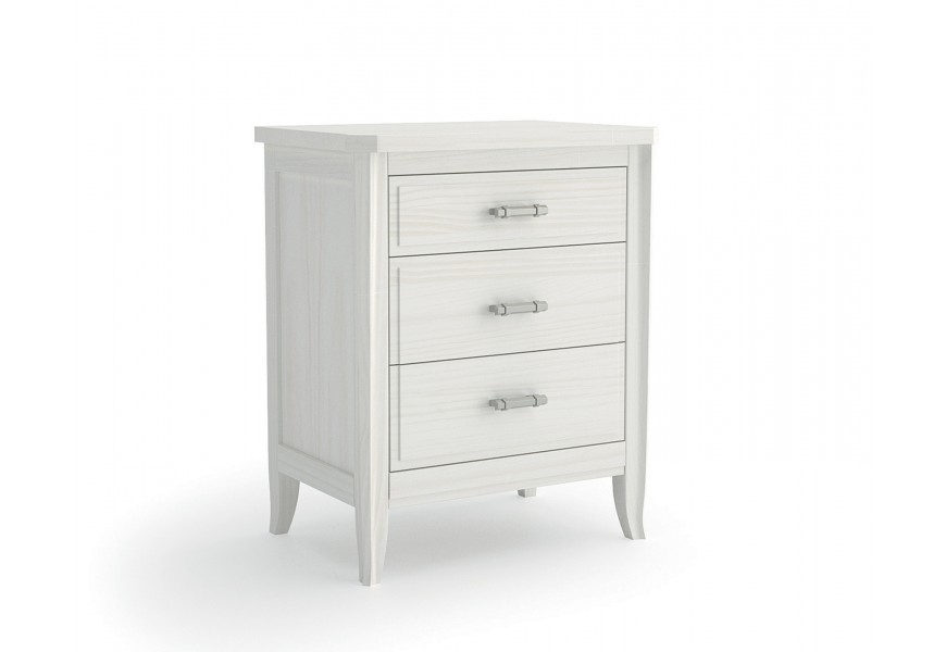 Luxusní venkovský masivní bílý noční stolek Genova se třemi šuplíky s kovovou úchytkou s prohnutými nožičkami a vyřezávaným zdobením