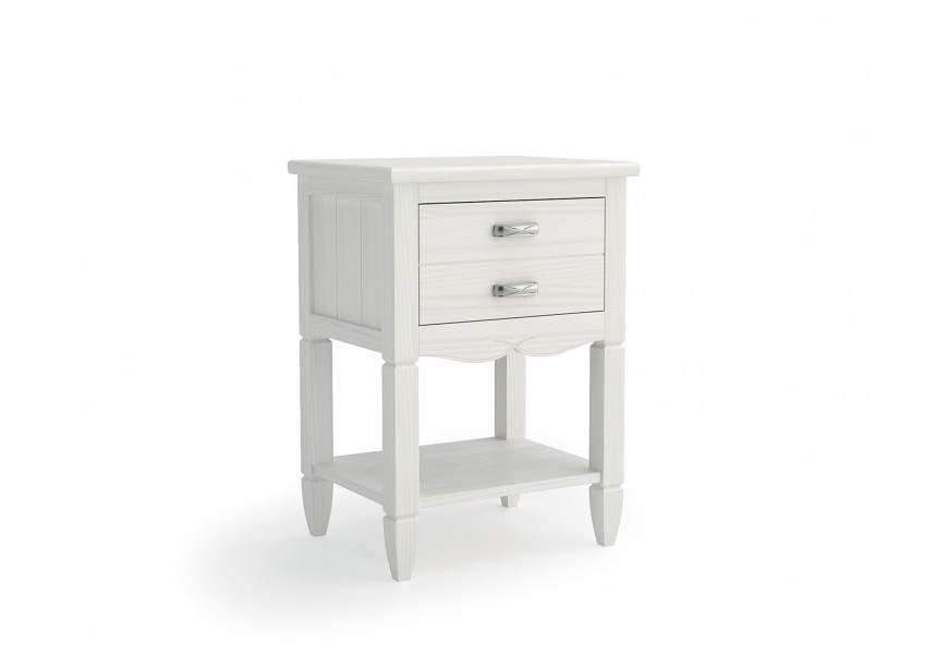 Luxusní moderní obdélníkový noční stolek Amberes z masivního dřeva v bílém provedení se dvěma zásuvkami s kovovými úchyty a policí na dlouhých štíhlých nožičkách