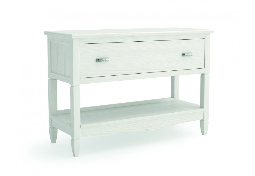 Luxusní moderní masivní bílý konzolový stolek Amberes s obdélníkovou vrchní deskou a šuplíkem s hranatýma nohama se zúženýma konci s otevřenou policí s dekorativní vyřezávanou lištou se dvěma oblouky