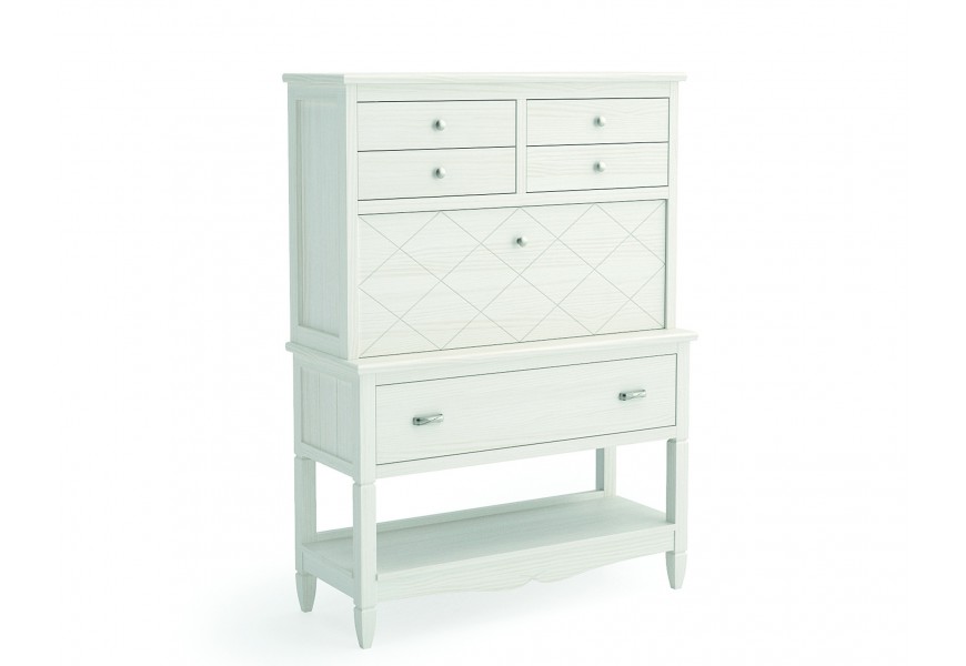 Luxusní moderní psací stůl Amberes z masivního dřeva v bílé barvě s designem sekretáře s vyklápěcí deskou se zásuvkami a policemi s nožičkami a ozdobnou lištou s vyřezáváním