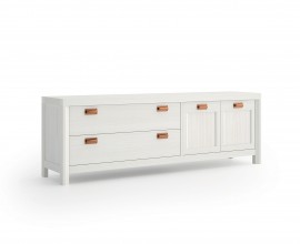 Skandin&aacute;vsk&yacute; masivn&iacute; TV stolek Lyon se &scaron;upl&iacute;ky a dv&iacute;řky s kovov&yacute;mi vintage rukojeťmi