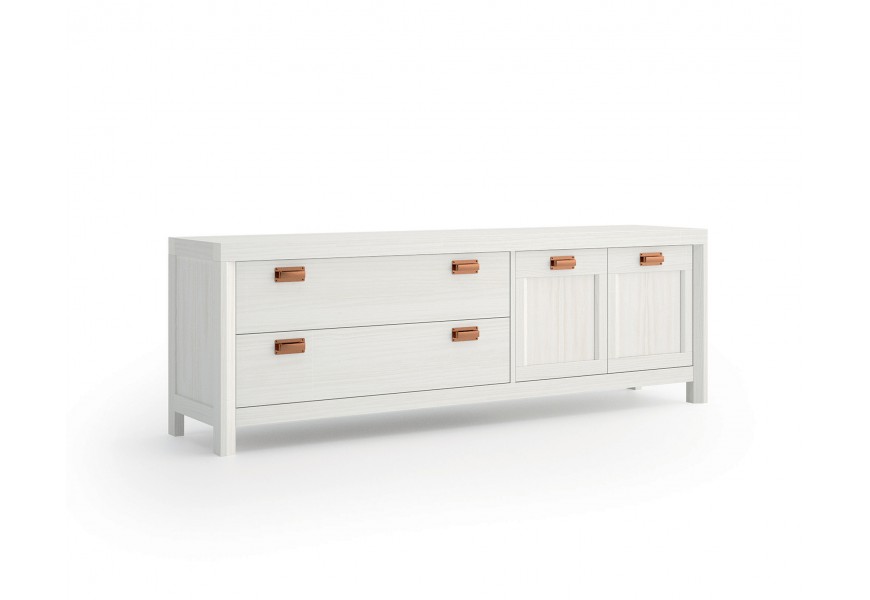 Skandinávský masivní TV stolek Lyon se šuplíky a dvířky s kovovými vintage rukojeťmi