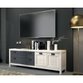 Moderní designový TV stolek Lyon z dřevěného masivu na nízkých nožičkách s párem šuplíků a dvířek