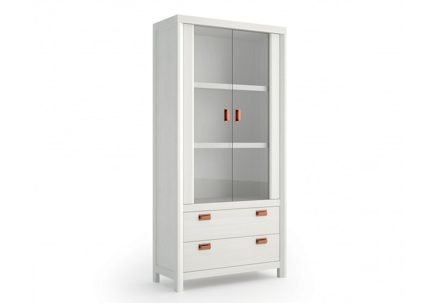 Luxusní moderní prosklená vitrína Lyon z masivního dřeva se dvěma šuplíky