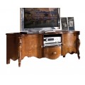 Rustikální TV stolek Pasiones z ořechově hnědého masivního dřeva s intarzií, s dvířky, šuplíkem a poličkou v rustikálním stylu
