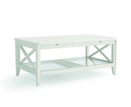 Luxusn&iacute; venkovsk&yacute; masivn&iacute; obd&eacute;ln&iacute;kov&yacute; konferenčn&iacute; stolek Genova se skleněnou a v&yacute;suvn&yacute;mi policemi 117 cm