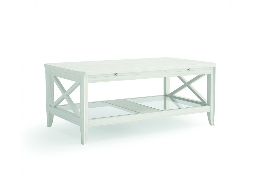 Exkluzivní dřevěný konferenční stolek Genova bílé barvy s poličkou a výsuvnou deskou