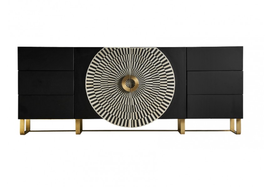 Elegantní luxusní příborník Caderina v art-deco stylu černé barvy se zlatými kovovými prvky