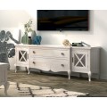 Luxusní dřevěný TV stolek Volga z masivu bílé barvy se dvěma šuplíky a dvěma prosklenými dvířky