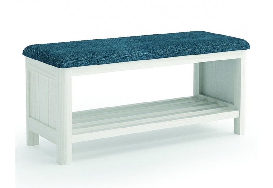 Luxusní moderní bílá lavice Cerdena z masivního dřeva s policí na boty s obdélníkovým čalouněným dvoumístným sedadlem s textilním potahem v modré barvě
