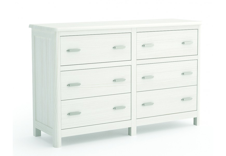 Luxusní moderní komoda Cerdena z masivního dřeva v bílé barvě se šesti zásuvkami umístěnými ve třech řadách s kovovými úchyty na nízkých nožičkách se zaoblenými předními rohy