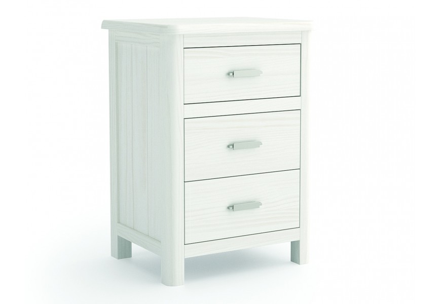 Luxusní masivní noční stolek Cerdena v bílé barvě s minimalistickým designem se zaoblenými rohy na nízkých nožičkách se třemi zásuvkami