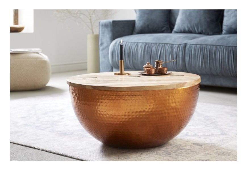 Modern&iacute; kulat&yacute; konferenčn&iacute; stolek Hammerblow v měděn&eacute; barvě s masivn&iacute; otev&iacute;ratelnou vrchn&iacute; deskou 70cm