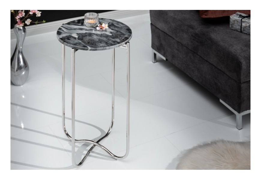 Art-deco stříbrný kulatý příruční stolek Noble s mramorovou povrchovou deskou a kovovou konstrukcí 35cm