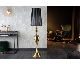 Elegantní stojací lampa Lucie s kovovou podstavou zlaté barvy as černým stínítkem