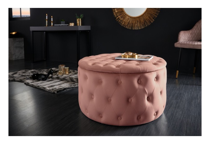Designová kruhová taburetka Modern Barock starorůžové barvy s potahem ze sametu a s úložným prostorem