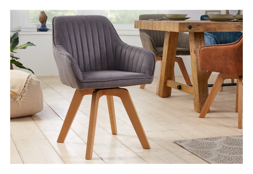 Moderní otočná jídelní židle Caballet s šedým potahem z mikrovlákna a masivními nohama 84cm