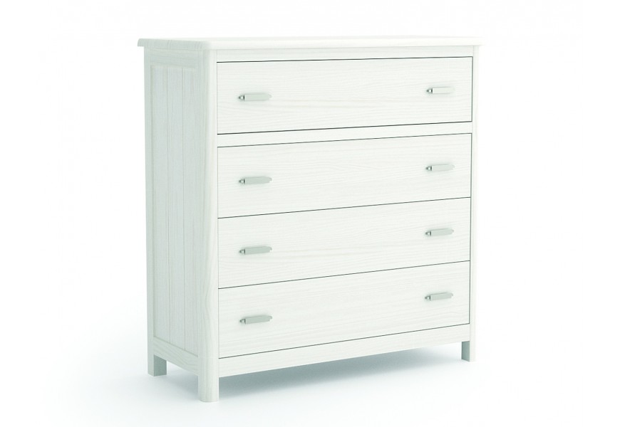 Luxusní masivní bílá komoda Cerdena s lineární siluetou se čtyřmi zásuvkami s úchyty z kovu plochého tvaru na nízkých nožičkách se zaoblenými předními rohy