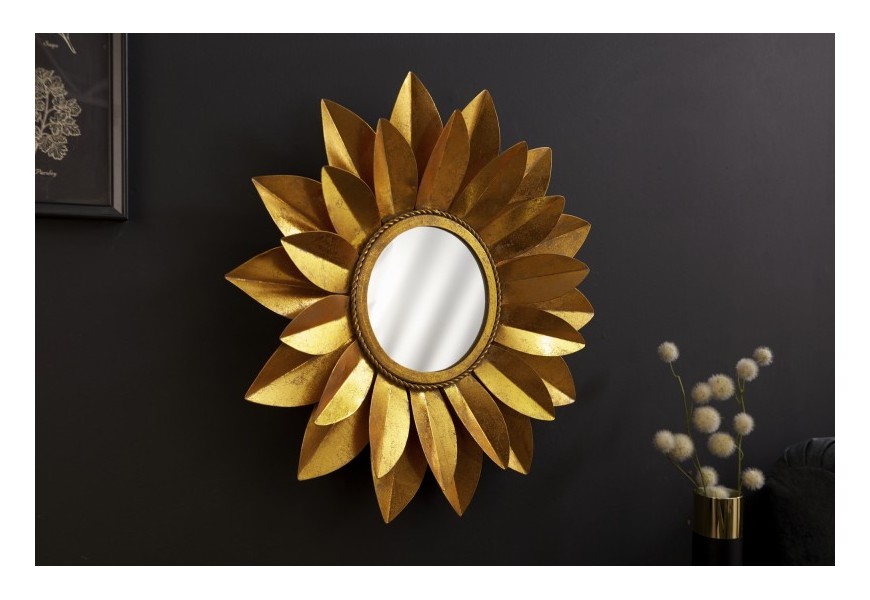 Designové moderní závěsné zrcadlo Slunečnice v orientálním stylu se zlatým kovovým rámem ve tvaru květu