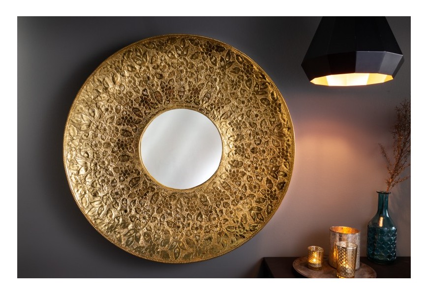 Orientální kulaté zrcadlo Unique s kovovým ornamentálním rámem zlaté barvy 81cm