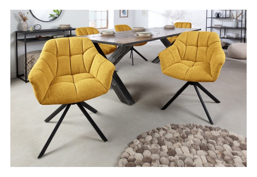 Moderní otočná jídelní židle Mariposa se žlutým čalouněním a černými kovovými nohami