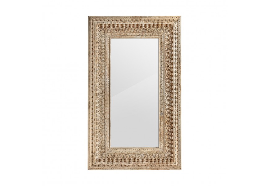 Obdélníkové nástěnné zrcadlo Vallexa v orientálním stylu s vyřezávaným rámem hnědé barvy