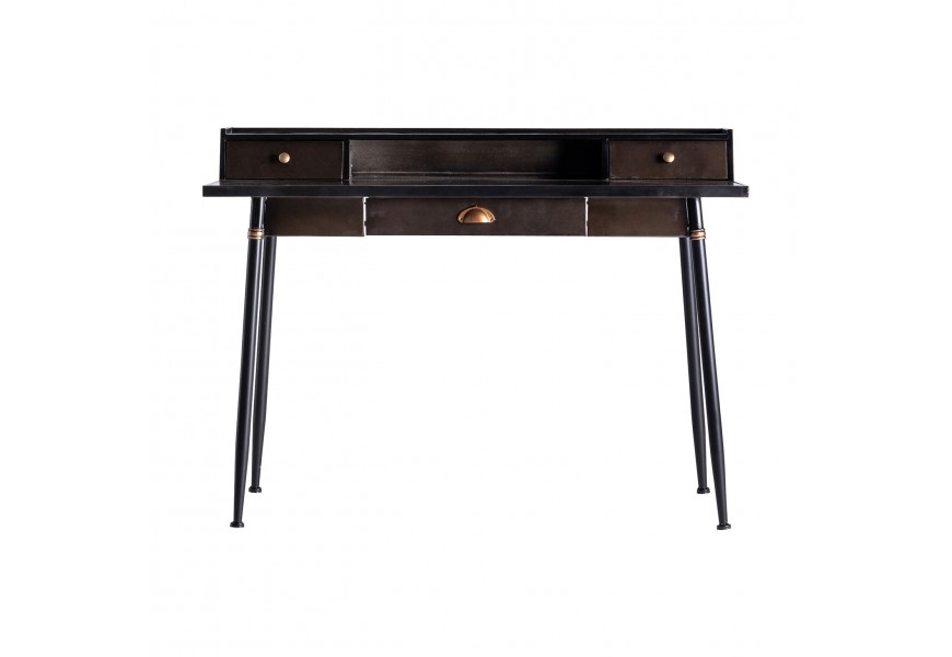 Designový industriální psací stůl Islip z kovu černé barvy se starozlatým zdobením, třemi zásuvkami a odkládacím prostorem