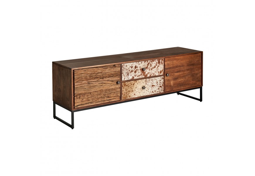 Retro TV stolek Texas v severském stylu z masivního dřeva s čalouněním z pravé kůže as černou kovovou konstrukcí